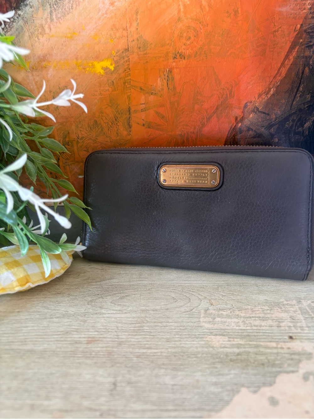 Marc by Marc Jacobs Black Leather Zip-Around Wallet with Gold Plaque